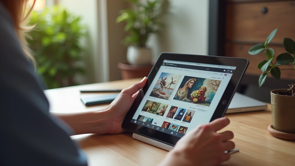 Portefeuille d'artiste numérique affichant diverses illustrations de commandes personnalisées sur écran