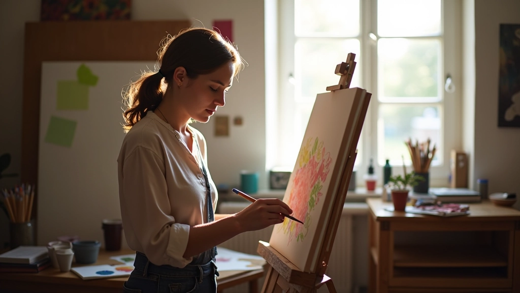 Artiste peintre travaillant sur une commande personnalisée dans son atelier avec outils et matériel de peinture