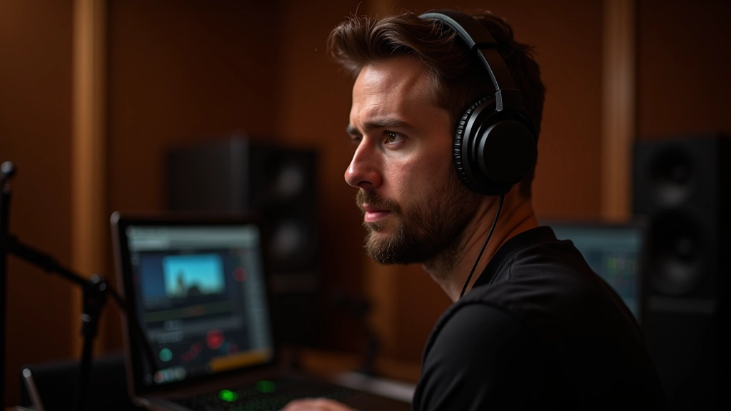 Personne portant un casque professionnel dans un studio d'enregistrement acoustique bien traité avec panneaux de mousse