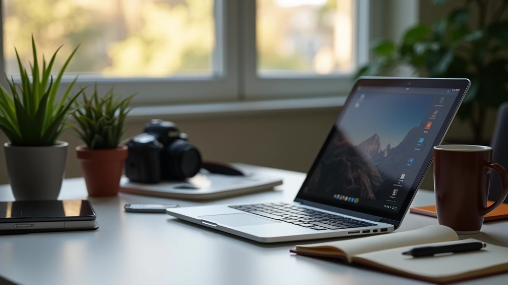 Espace de travail de créateur avec ordinateur portable, appareil photo et accessoires artistiques sur bureau moderne