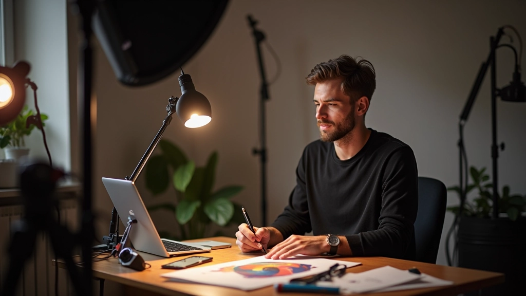 Espace de travail créatif avec équipement photographique et matériel artistique