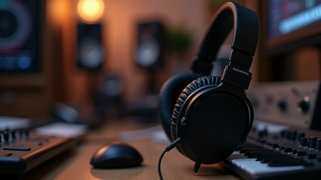Casque audio professionnel sur bureau avec interface de production musicale et équipement d'enregistrement