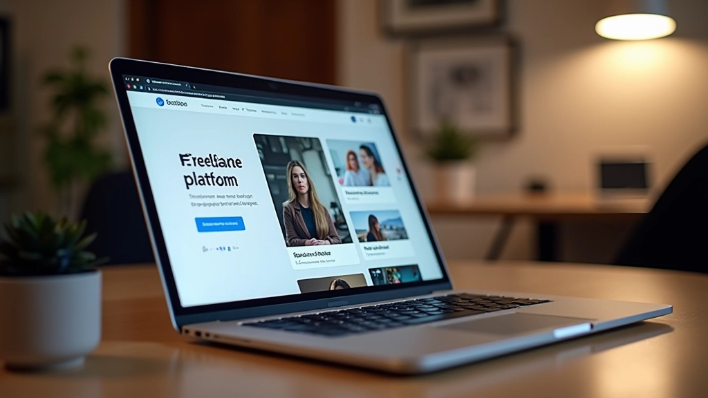 Écran d'ordinateur affichant une plateforme de freelance avec galerie d'œuvres d'art et profil d'artiste