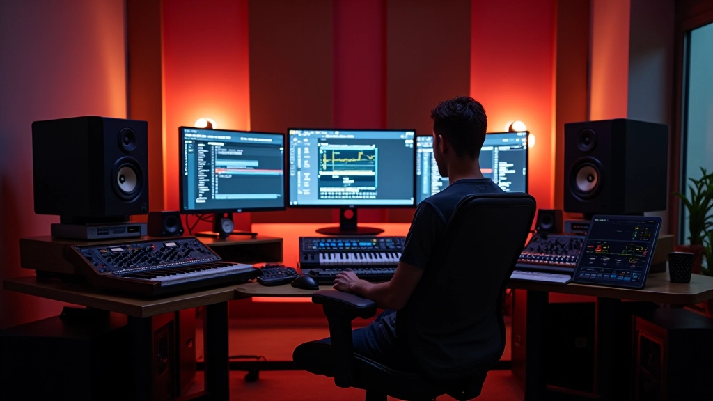 Studio de production musicale avec équipement professionnel, synthétiseurs et interfaces d'enregistrement modernes