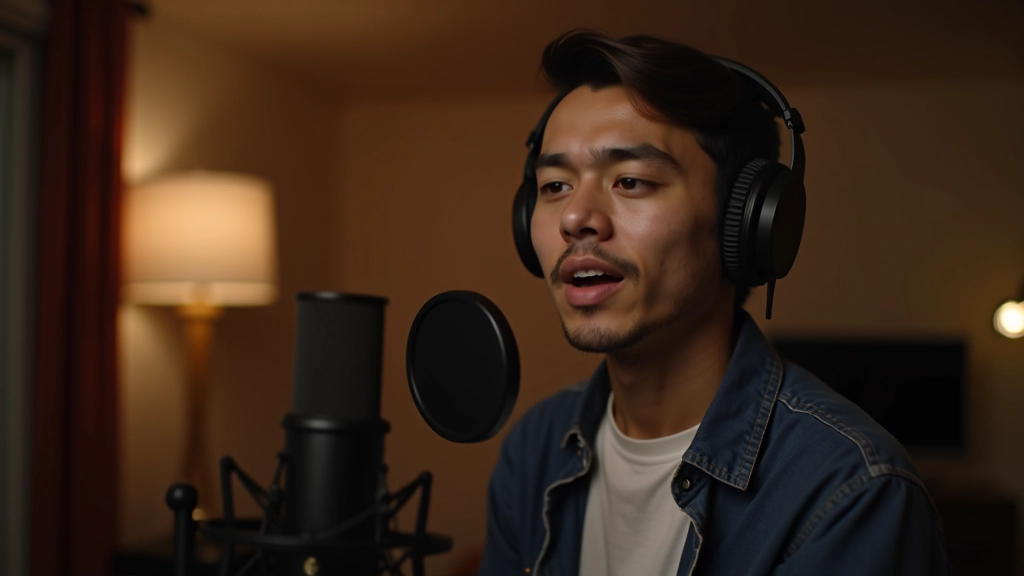 Personne enregistrant une voix-off dans un petit studio maison avec microphone et casque professionnel