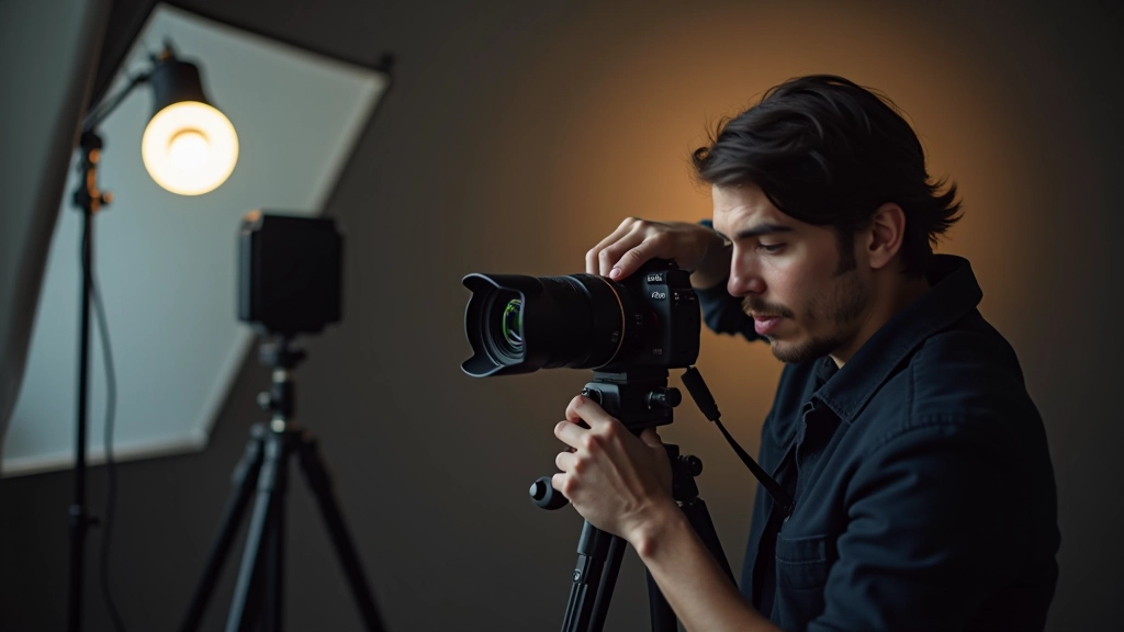 Photographe professionnel travaillant avec un appareil photo et des accessoires d'éclairage en studio